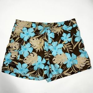 Brown & Blue Hawaiian Print Swim Shorts